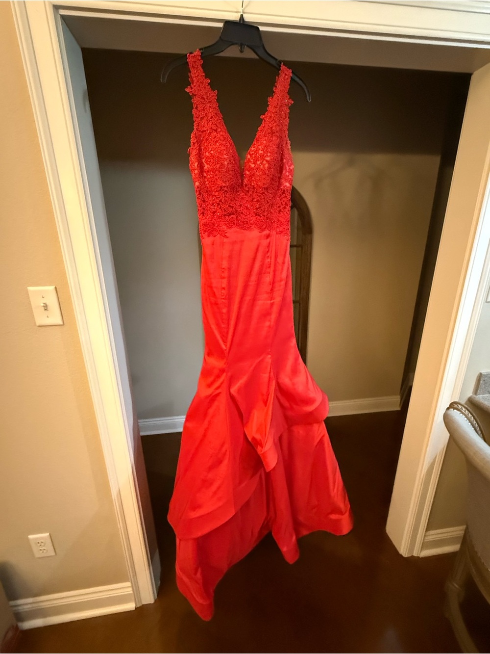 Faviana Red Lace Plunge Evening Chemise Gown